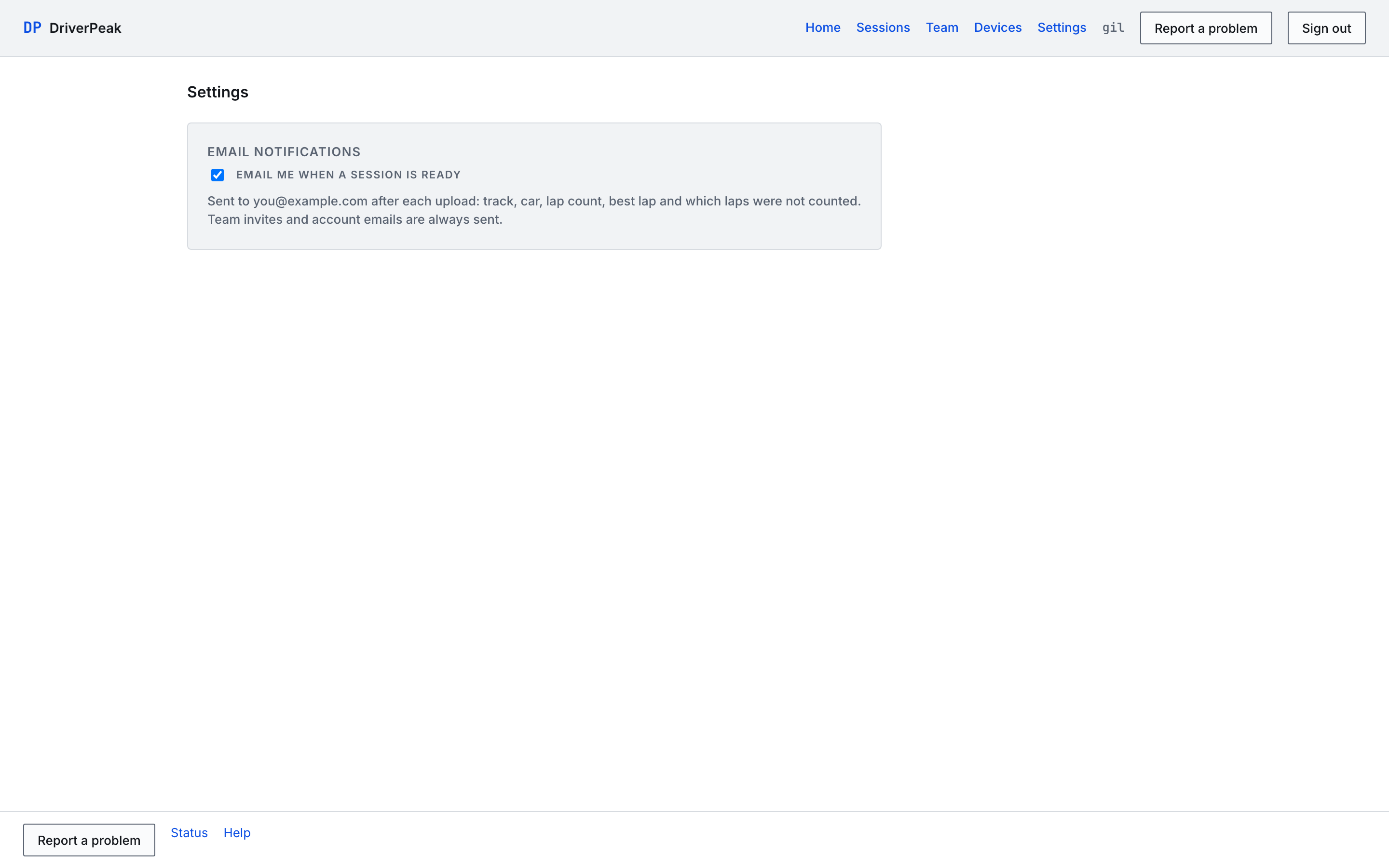 The Settings page with the single email-notification switch.