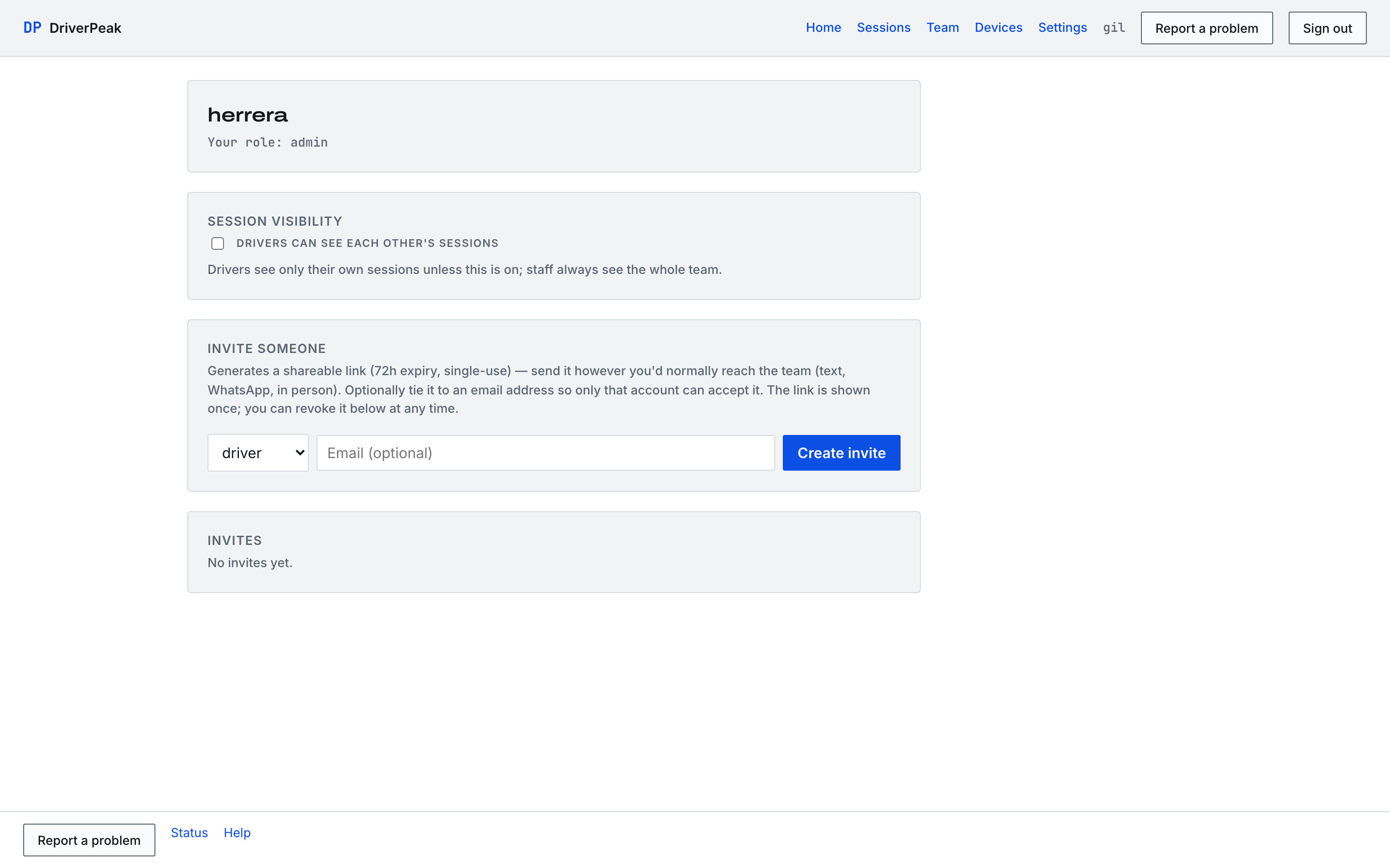 The Team page: team name and role, the session-visibility setting, the invite form with a role selector, and the invites list.
