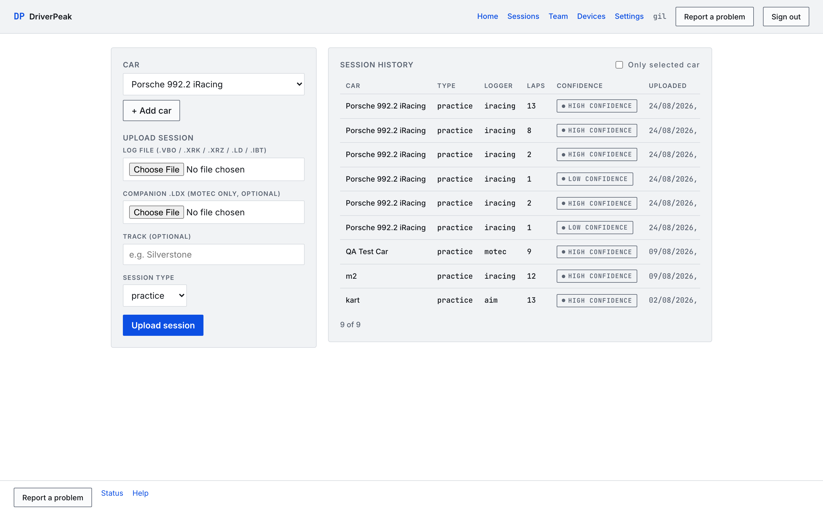 The Sessions page with the car picker and the upload form: log file, companion .ldx, track, session type.